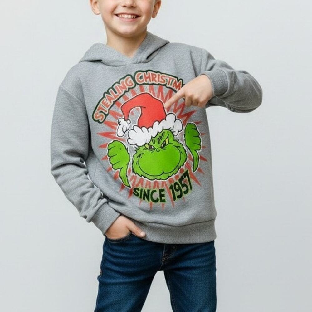 The Grinch Stealing Christmas Grey Graphic Print Hoodie Kids Size 6 NWT